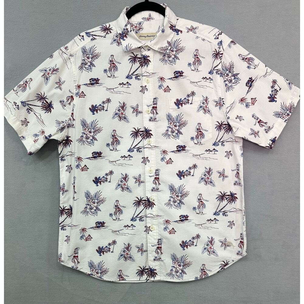 Tommy Bahama White Tropical Hula Girl Palm Tree Button Up Shirt Men’s Size Large - Picture 2 of 11